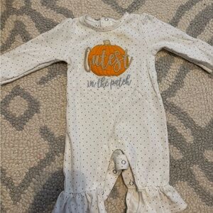 Mud Pie White and Orange Pumpkin One Piece with Ruffles